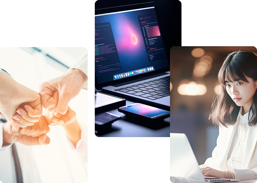 グータッチの手、パソコンの画面、パソコンを操作する女性